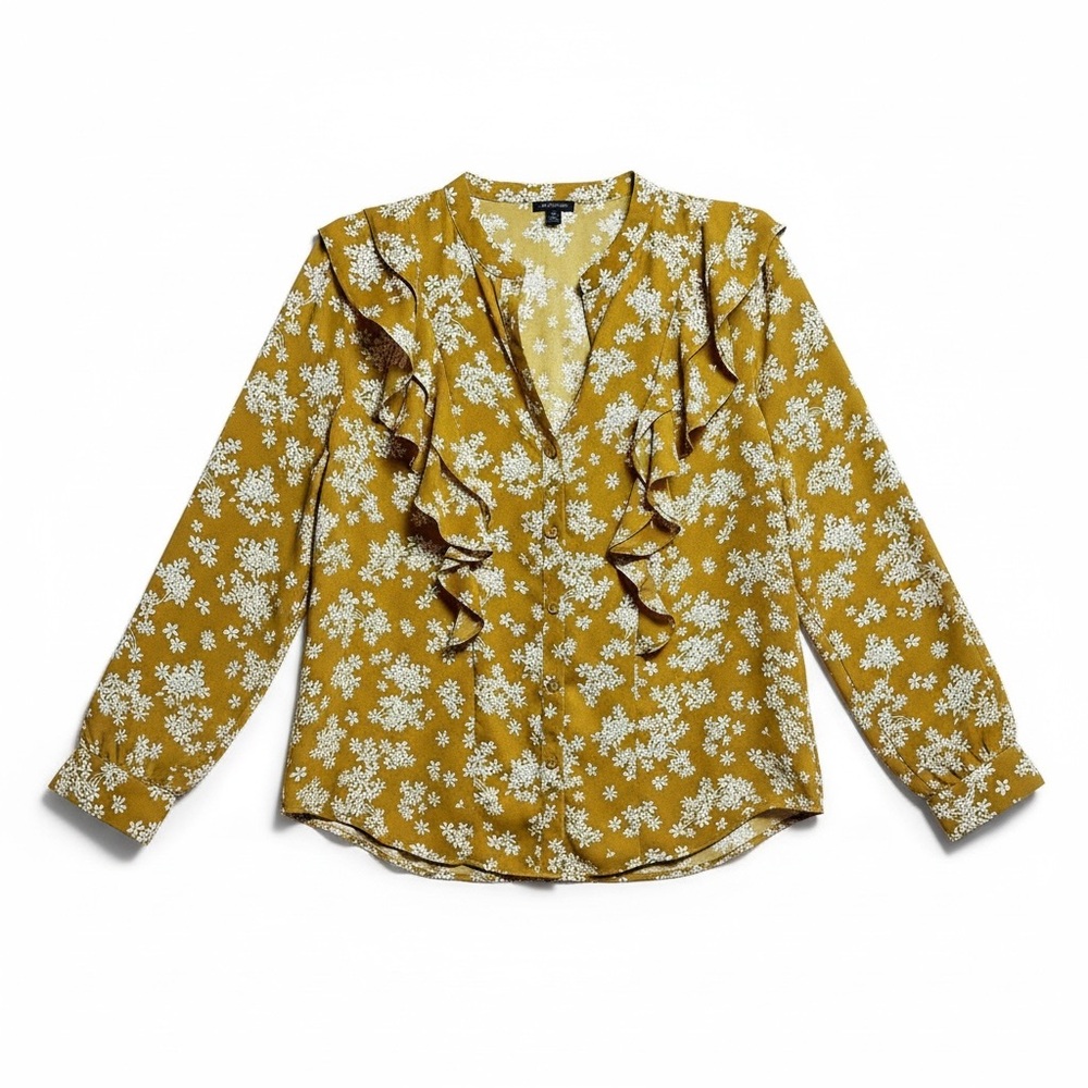 Ann Taylor Yellow Floral Ruffle Blouse